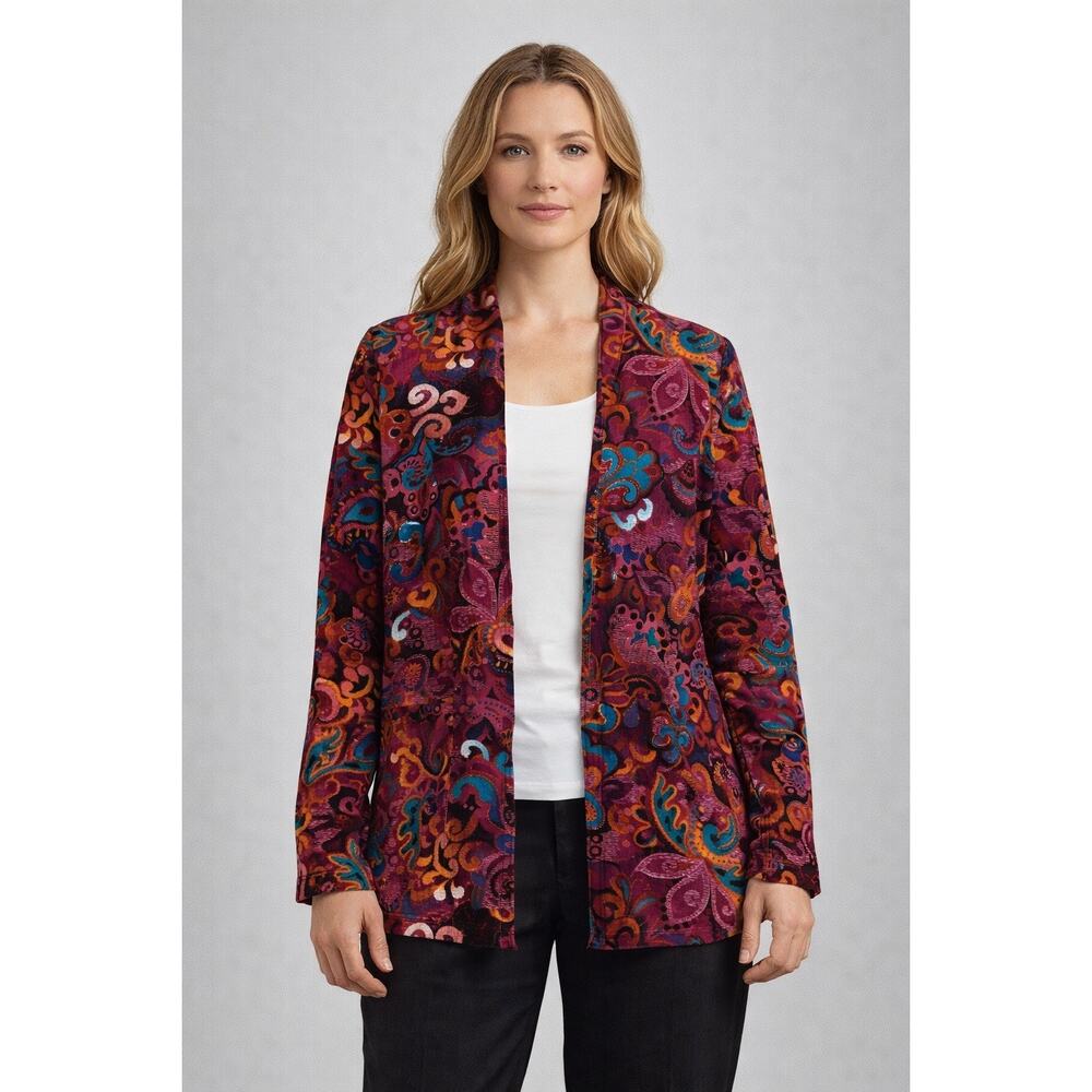 Chicos Travelers Paisley Print Open Front Artsy Western‎  Boho Travel Cardigan